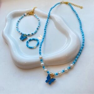 Handmade Blue Gold Butterfly Freshwater Pearl Jewelry Set Bracelet Necklace Ring